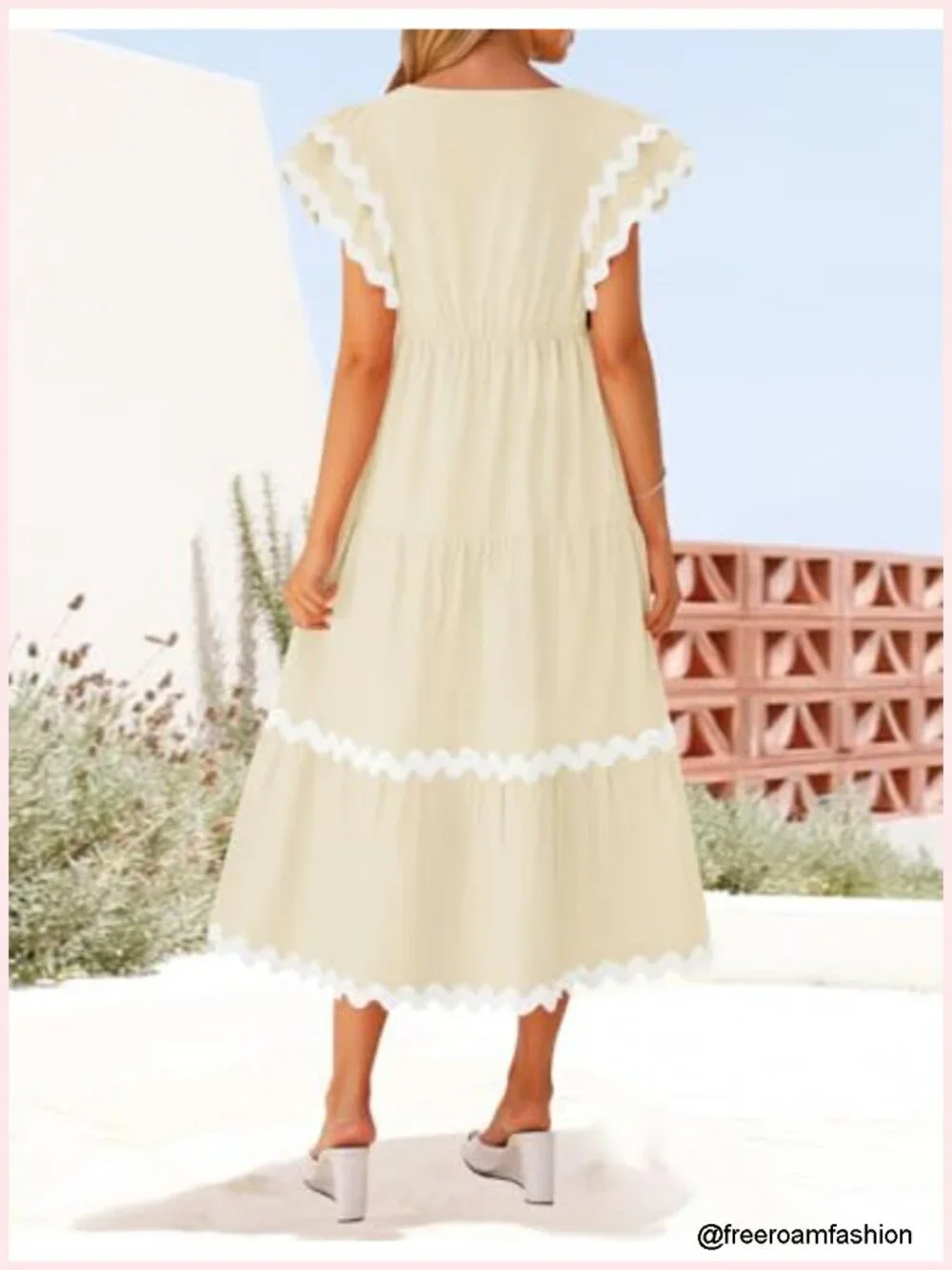 V Neck Flutter Short Sleeve Ruffle Tiered A Line Flowy Midi Dress Beach Casual
